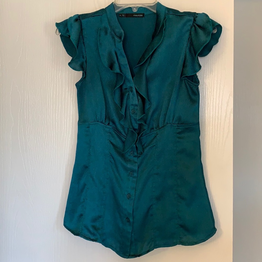Emerald Green Short Sleeve Ruffle Blouse